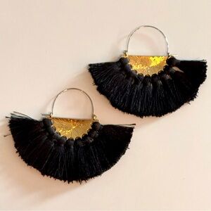 Black and Gold Large Tassel Hoop Statement Earrings